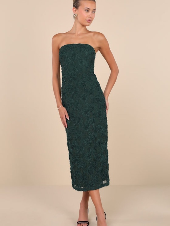 Lulus Dresses & Skirts - Lulus Flawless Perfection Emerald Floral Applique Strapless Midi Dress Green